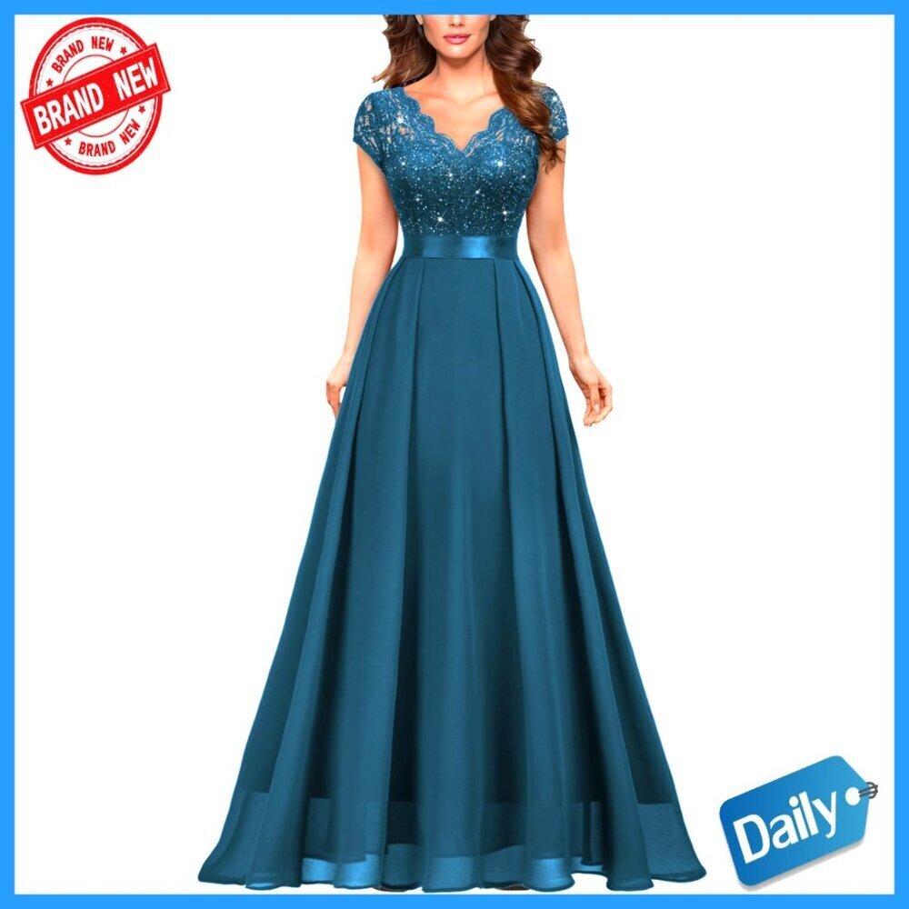 Elegant V-Neck Sequined Floral Lace Formal Maxi Dress Cap Sleeve Party Wear
